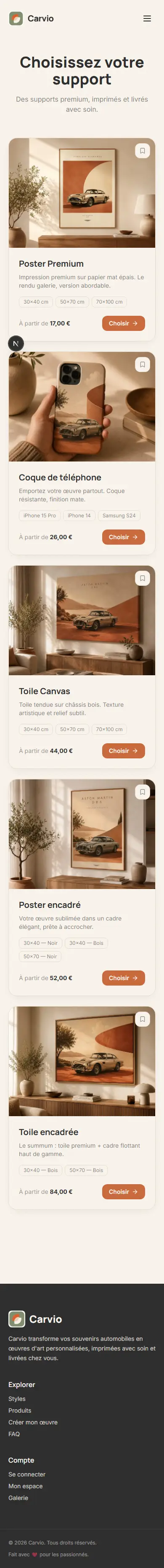 Carvio — produits (mobile)