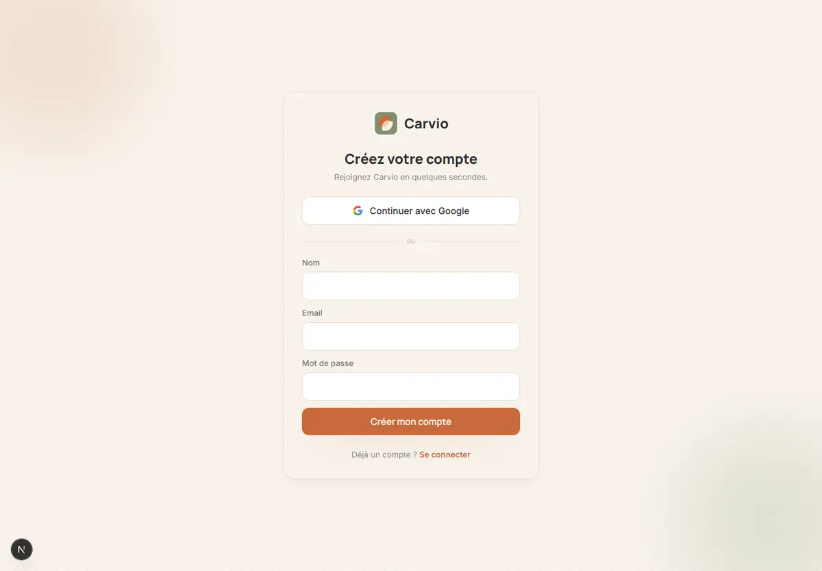 Carvio — signup (desktop)